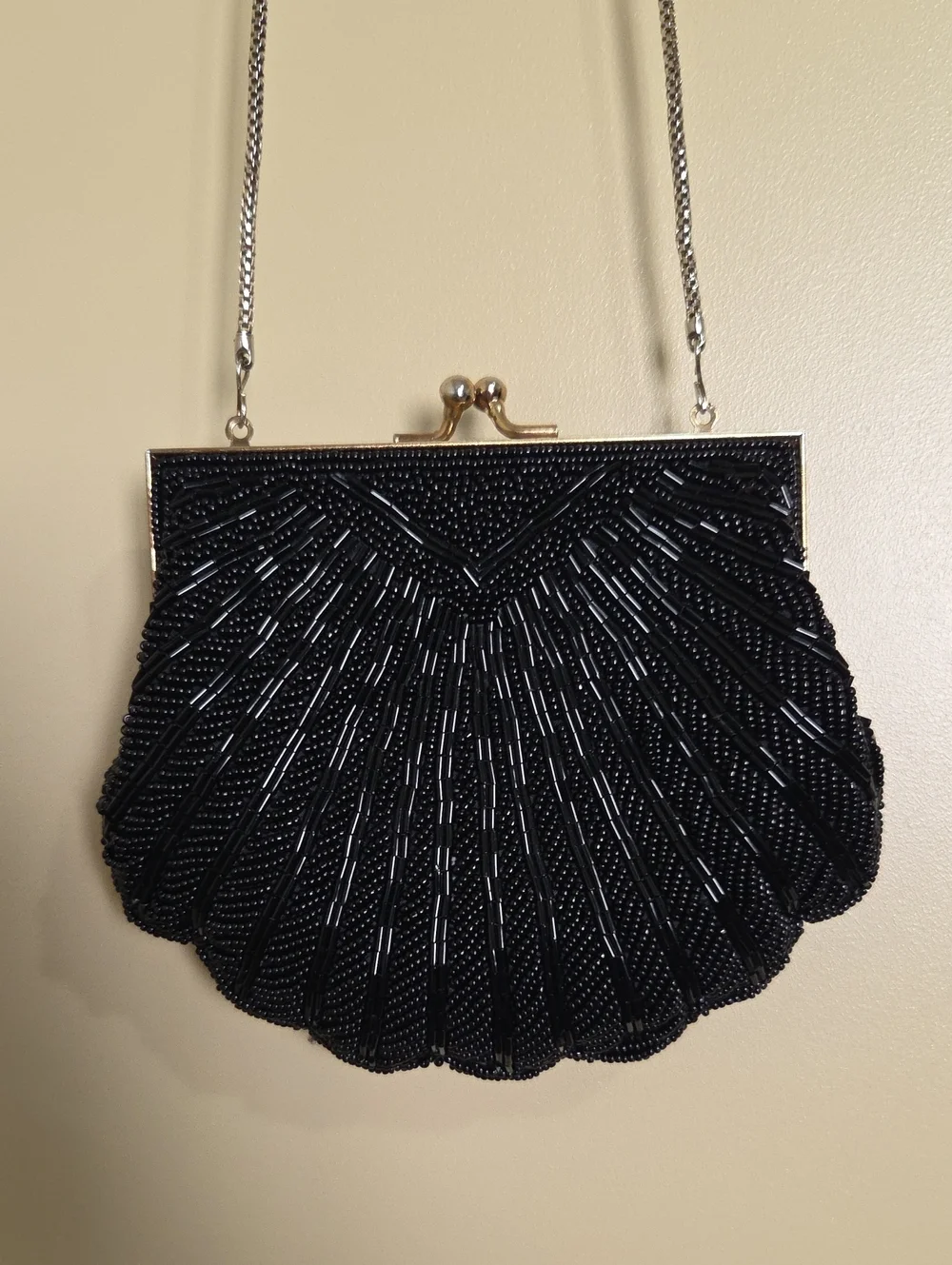 La Regale Vintage 1950's Black Beaded Shell-Style Clutch with Chain